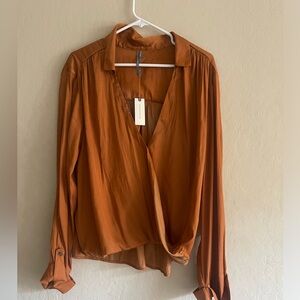 Anthropologie Copper Silky V Neck Blouse